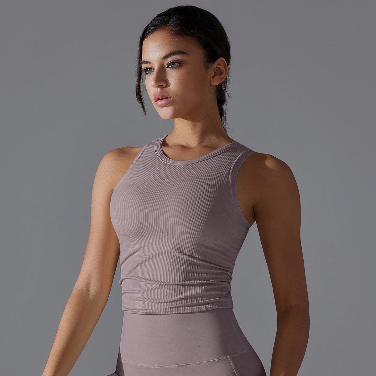 BRASSIÈRE DE SPORT CÔTELÉE PRUNE CONFORT ÉLÉGANCE ATHLEISURE