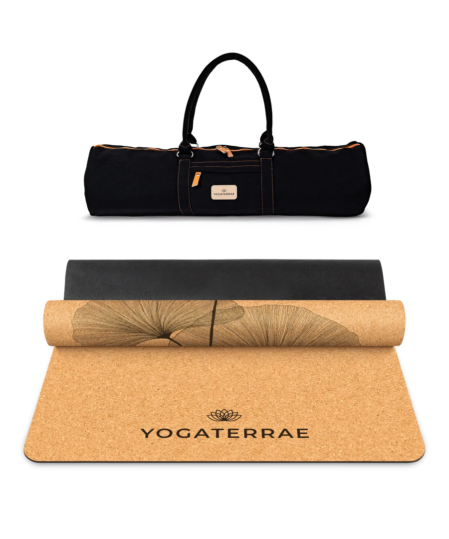 TAPIS DE YOGA GINKGOS BILOBA LIÈGE & CAOUTCHOUC NATUREL AVEC SANGLE + SAC