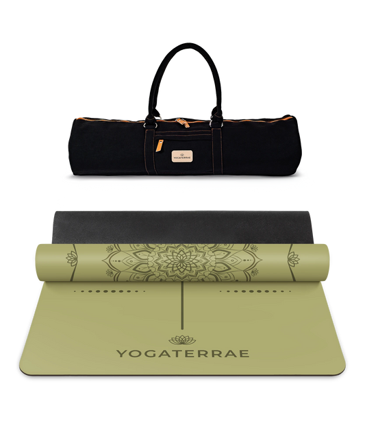 TAPIS DE YOGA MANDALA VERT KAKI EN PU-CAOUTCHOUC NATUREL AVEC SAC