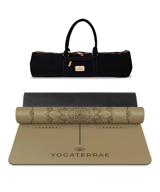 TAPIS DE YOGA MANDALA BRONZE OLIVE EN PU-CAOUTCHOUC NATUREL AVEC SAC