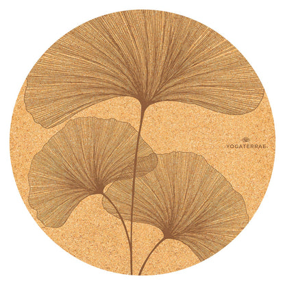 TAPIS DE YOGA ROND GINKGO BILOBA MARRON EN LIÈGE ET CAOUTCHOUC NATURELS