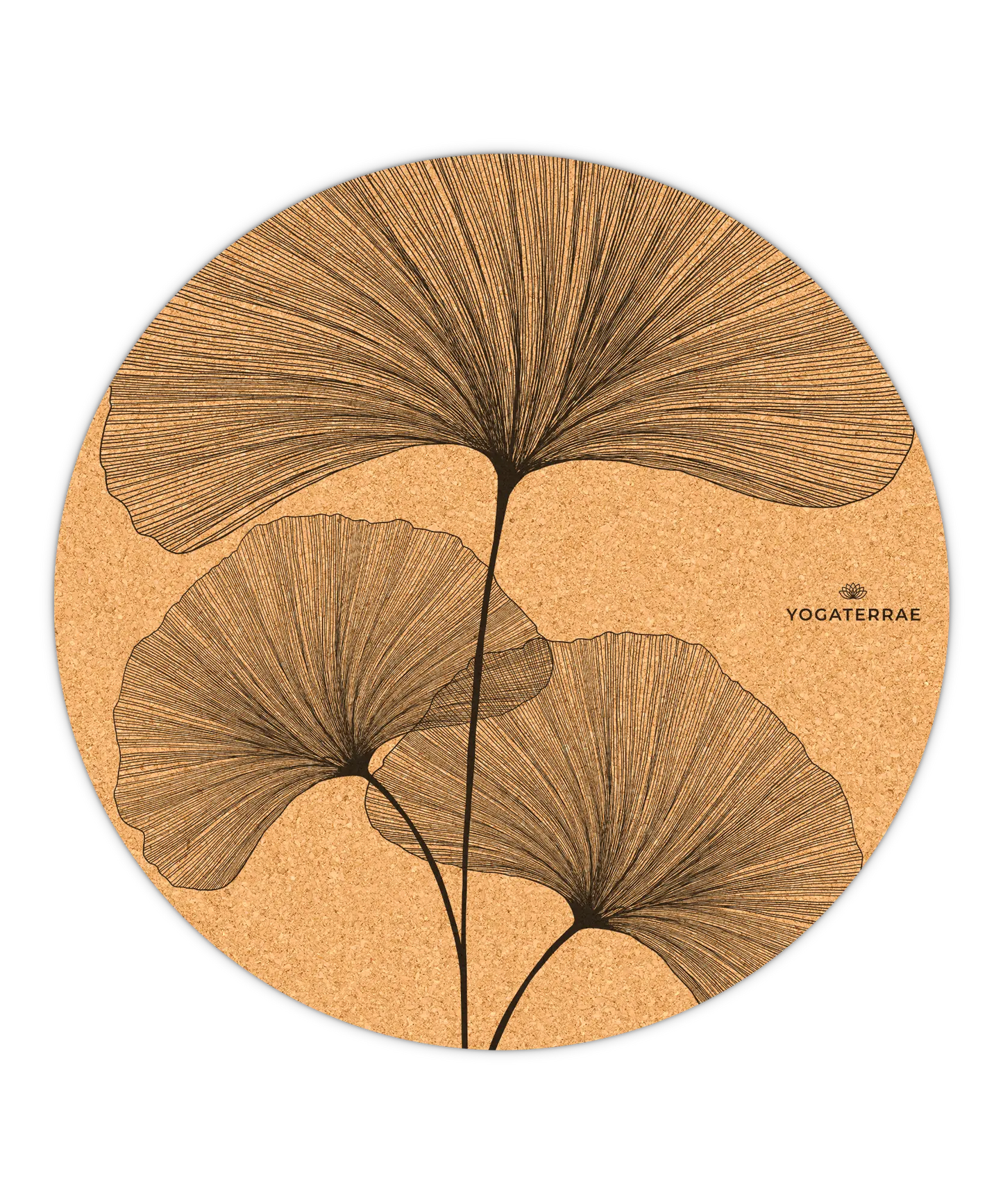 TAPIS DE YOGA ROND ANTIDÉRAPANT EN LIÈGE GINKGO BILOBA NOIR