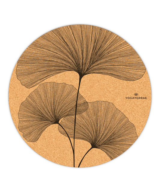 TAPIS DE YOGA ROND ANTIDÉRAPANT EN LIÈGE GINKGO BILOBA NOIR