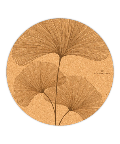 TAPIS DE YOGA ROND ANTIDÉRAPANT EN LIÈGE GINKGO BILOBA MARRON