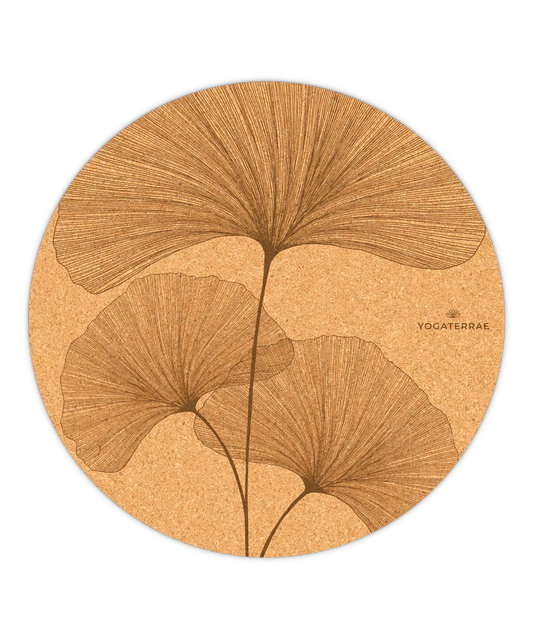 TAPIS DE YOGA ROND ANTIDÉRAPANT EN LIÈGE GINKGO BILOBA MARRON