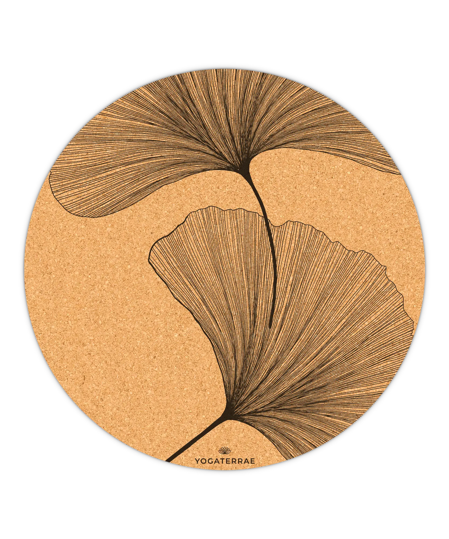 RUNDE RUTSCHFESTE YOGAMATTE AUS KORK GINKGOS YIN YANG SCHWARZ
