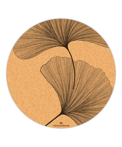 RUNDE RUTSCHFESTE YOGAMATTE AUS KORK GINKGOS YIN YANG SCHWARZ
