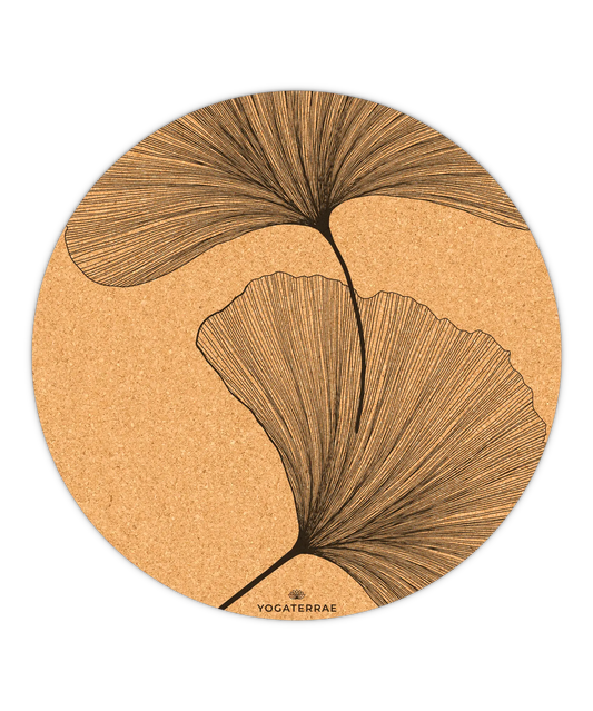 TAPPETINO YOGA ROTONDO ANTISCIVOLO IN SUGHERO GINKGOS YIN YANG NERO