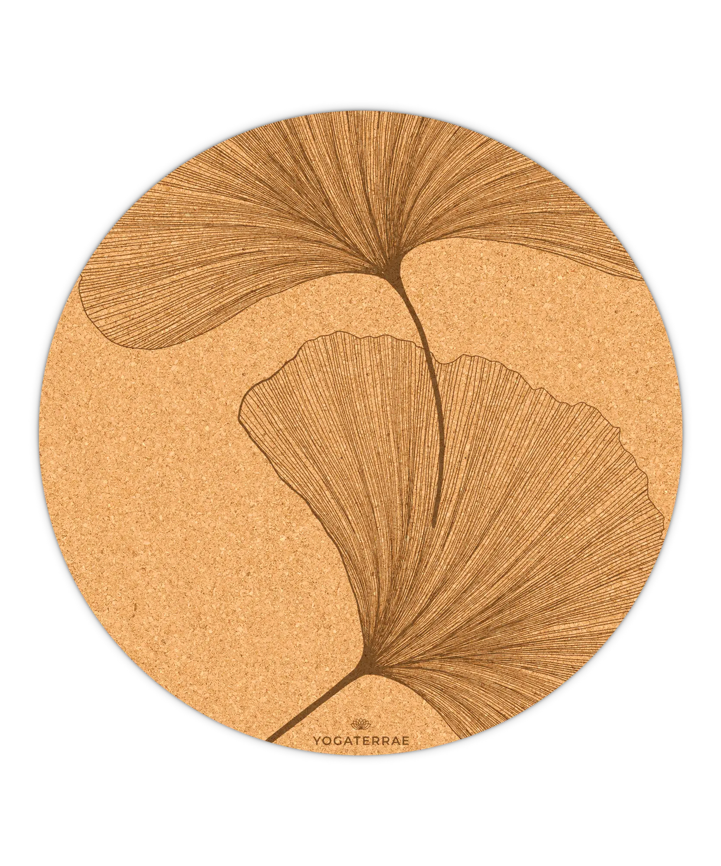 RUNDE RUTSCHFESTE YOGAMATTE AUS KORK GINKGOS YIN YANG BRAUN