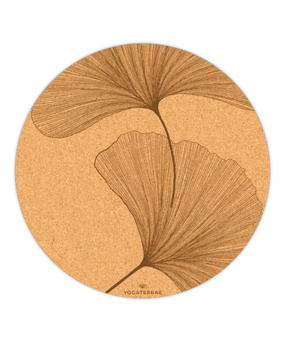 RUNDE RUTSCHFESTE YOGAMATTE AUS KORK GINKGOS YIN YANG BRAUN