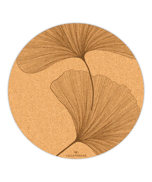 TAPIS DE YOGA ROND ANTIDÉRAPANT EN LIÈGE GINKGOS YIN YANG MARRON