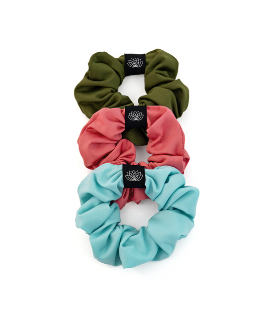 SET 3 CHOUCHOUS TURQUOISE – KAKI – ROSE