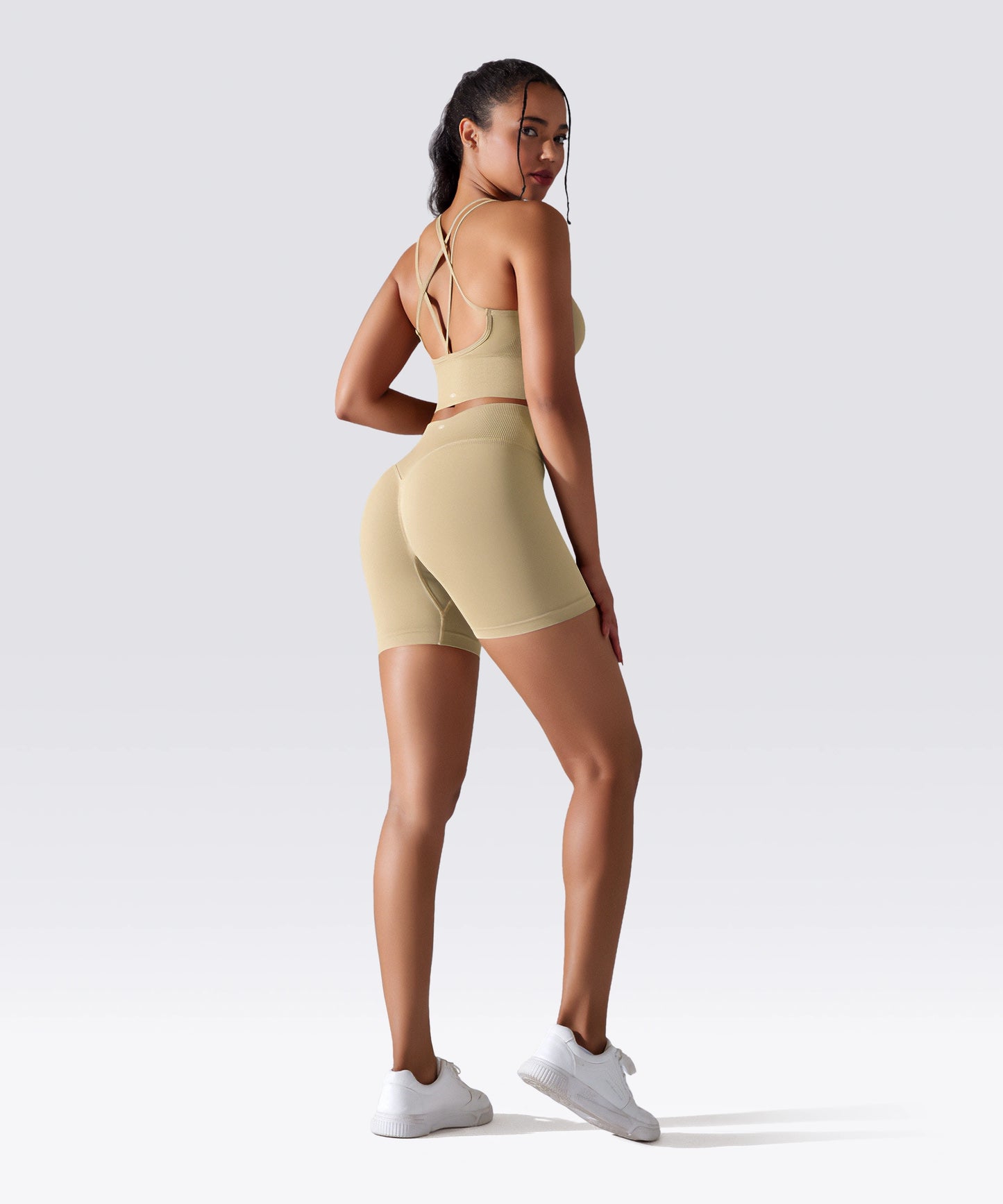 SHORT FEMME YOGA-PILATES-FITNESS TAILLE HAUTE EXTENSIBLE BEIGE