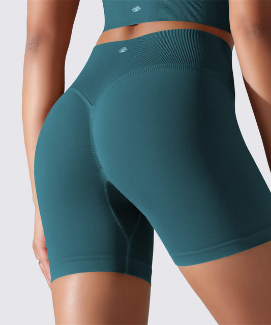 SHORT FEMME YOGA-PILATES-FITNESS TAILLE HAUTE EXTENSIBLE BLEU ÉMERAUDE