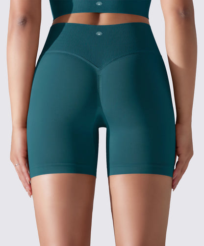 SHORT FEMME YOGA-PILATES-FITNESS TAILLE HAUTE EXTENSIBLE BLEU ÉMERAUDE