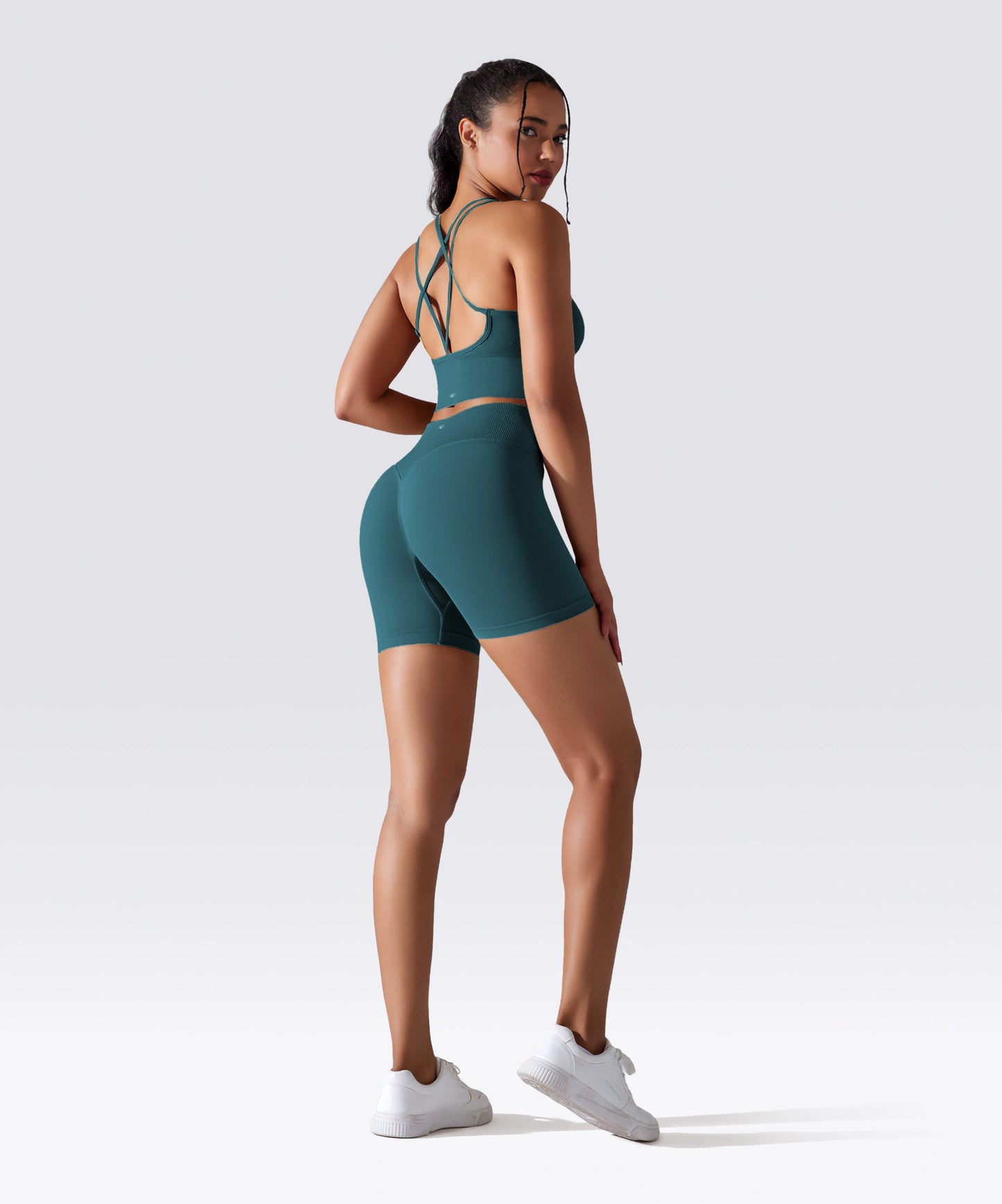SHORT FEMME YOGA-PILATES-FITNESS TAILLE HAUTE EXTENSIBLE BLEU ÉMERAUDE