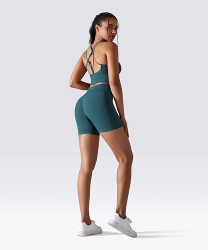 SHORT FEMME YOGA-PILATES-FITNESS TAILLE HAUTE EXTENSIBLE BLEU ÉMERAUDE