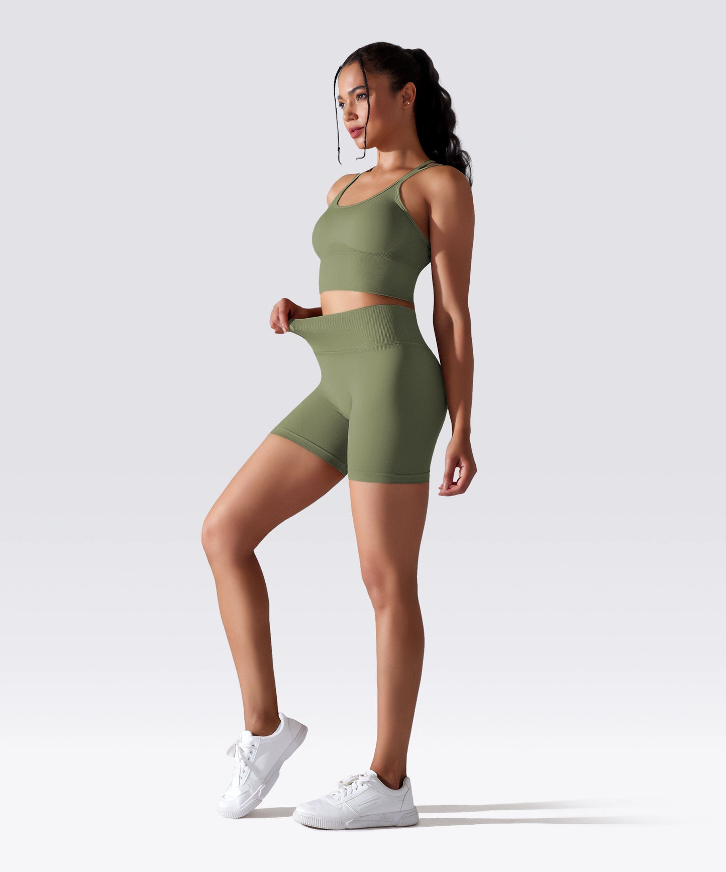 SHORT FEMME YOGA-PILATES-FITNESS TAILLE HAUTE EXTENSIBLE KAKI OLIVE