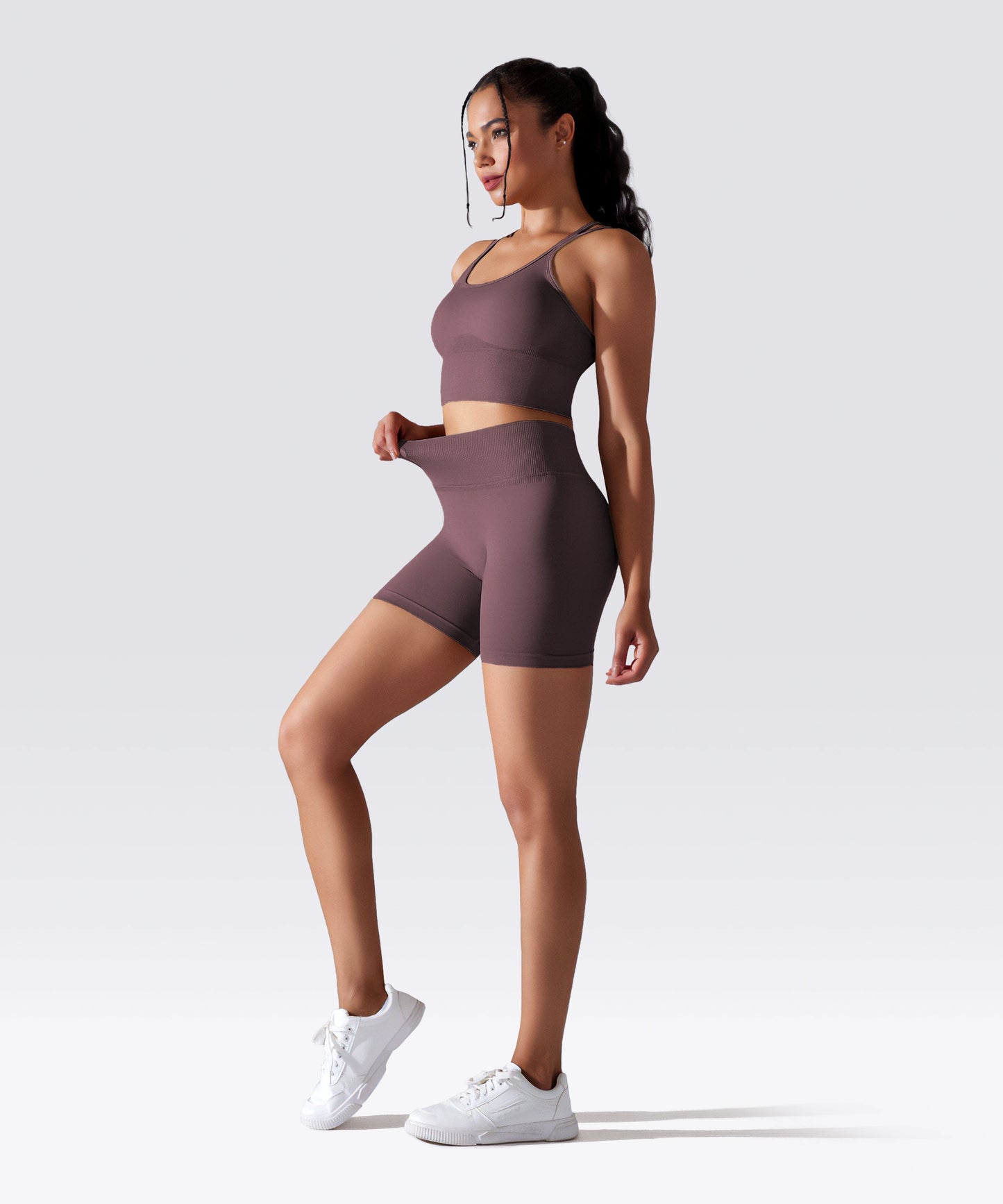 SHORT FEMME YOGA-PILATES-FITNESS TAILLE HAUTE EXTENSIBLE PRUNE