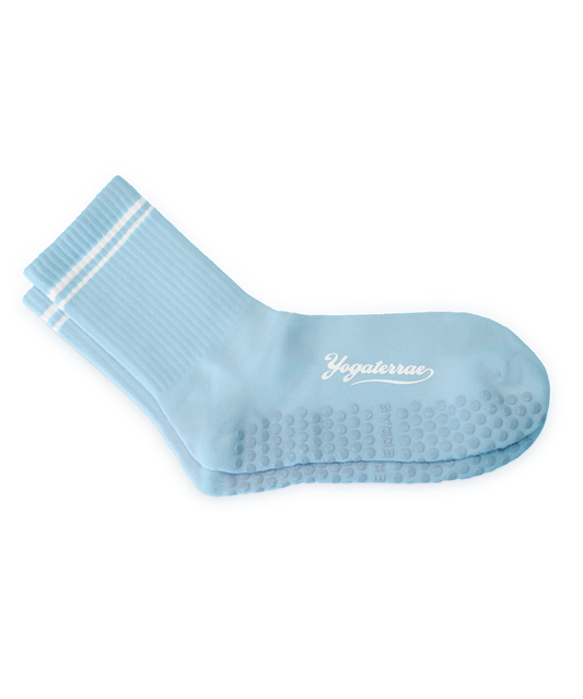 CHAUSSETTES FEMME ANTIDÉRAPANTES RAYURES CONTRASTÉES, BLEU CIEL