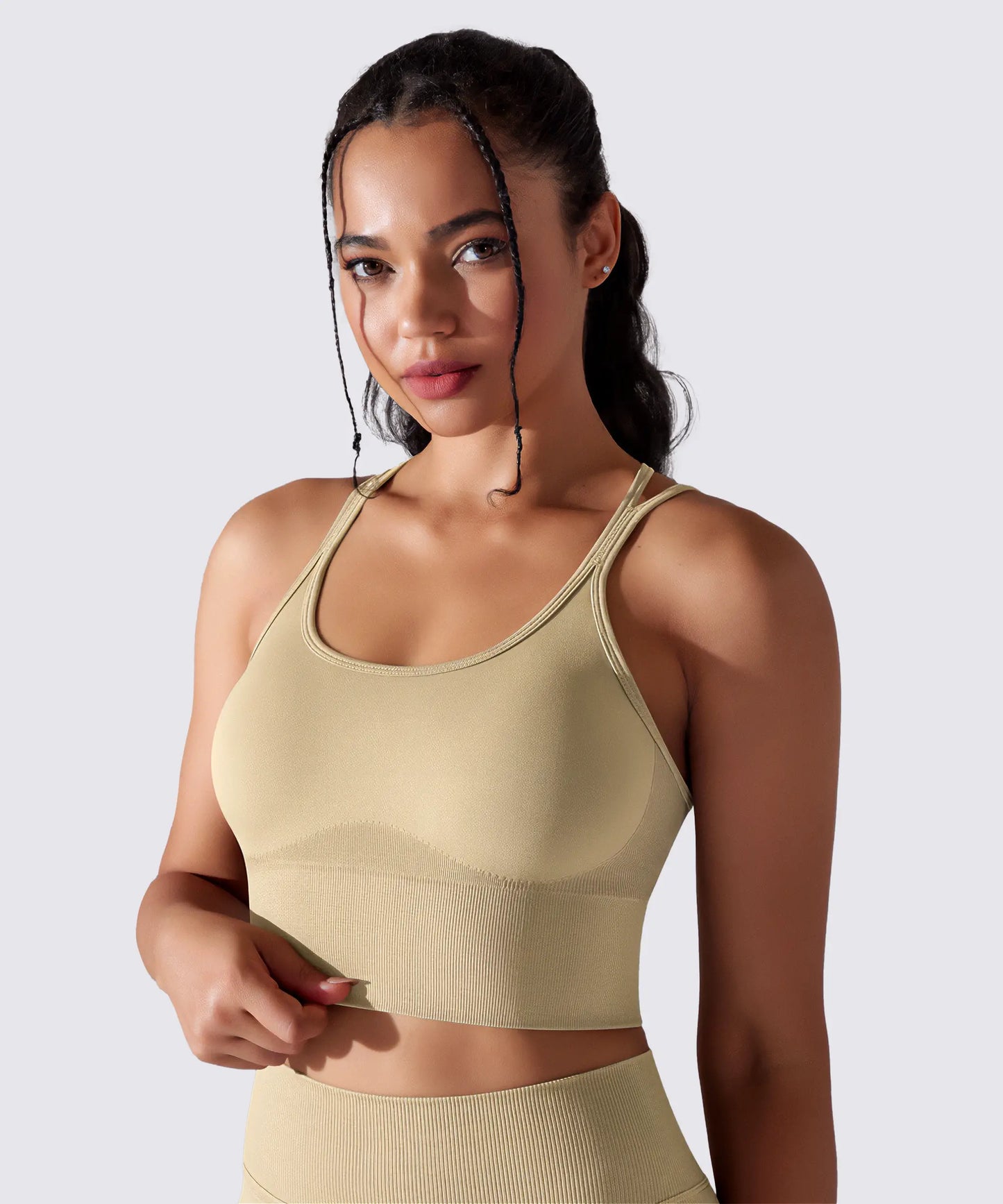 BRASSIÈRE DE SPORT YOGA PILATES & FITNESS MAINTIEN OPTIMAL BEIGE