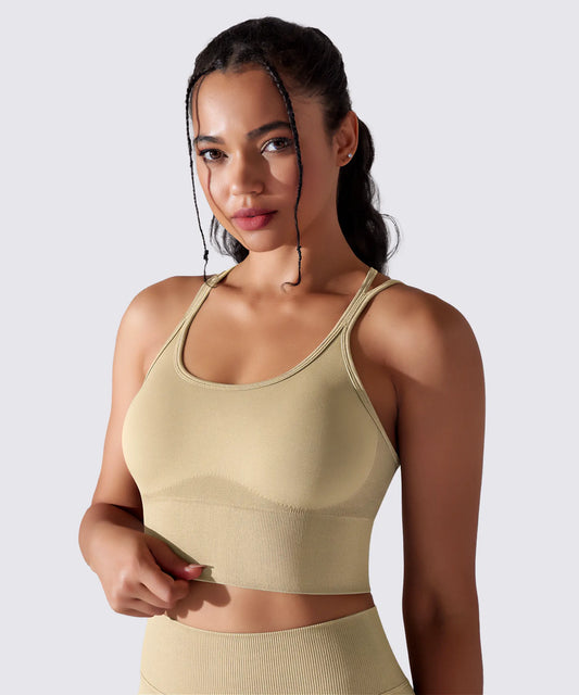 BRASSIÈRE DE SPORT YOGA PILATES & FITNESS MAINTIEN OPTIMAL BEIGE