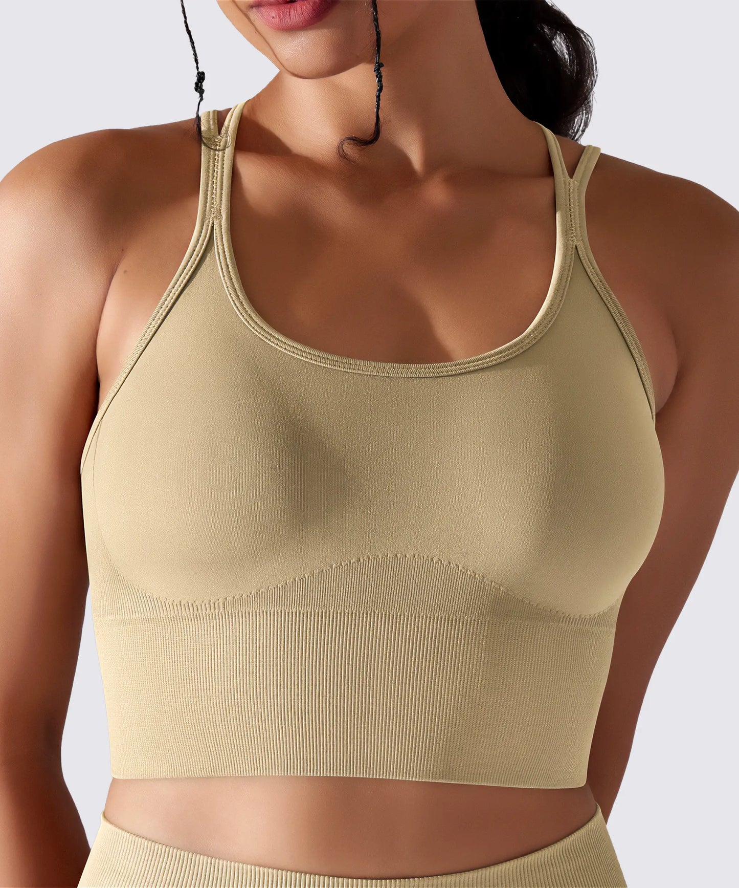 BRASSIÈRE DE SPORT YOGA PILATES & FITNESS MAINTIEN OPTIMAL BEIGE