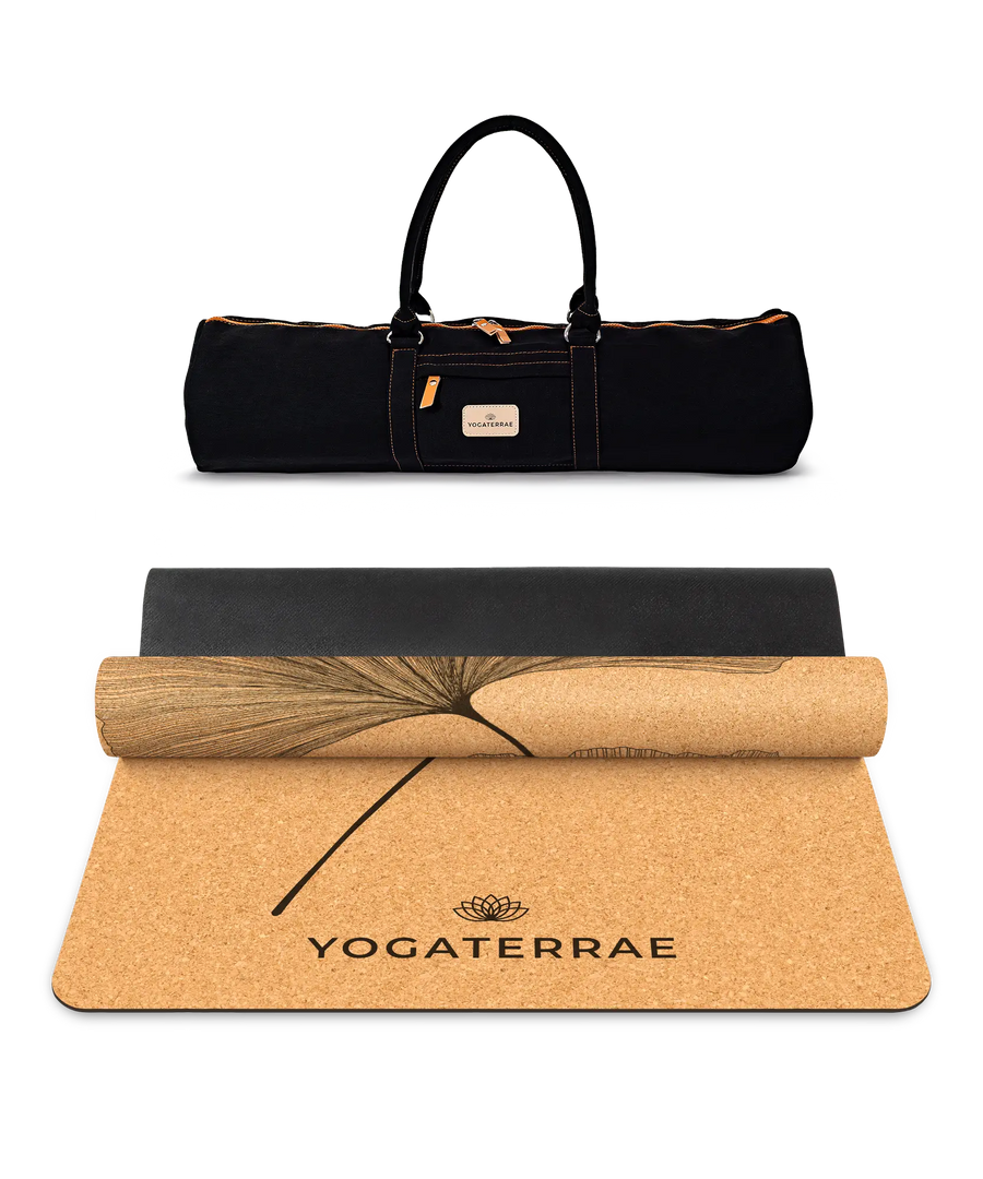 TAPIS DE YOGA GINKGOS YIN YANG LIÈGE & CAOUTCHOUC NATUREL AVEC SANGLE + SAC