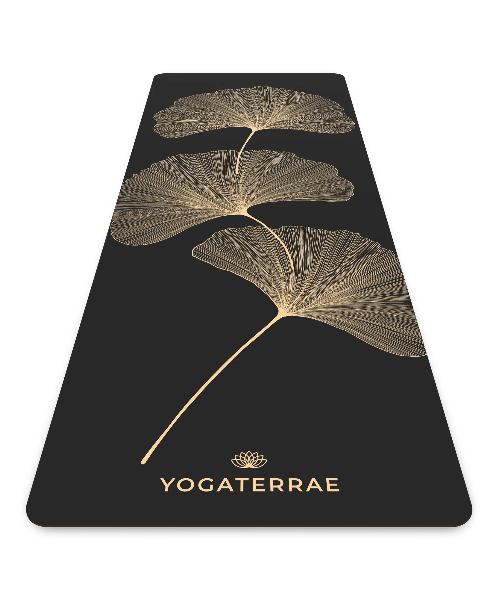Tapis de yoga de luxe Yogaterrae en PU et caoutchouc naturel, coloris Black Gold avec motifs Ginkgo Biloba en impression dorée