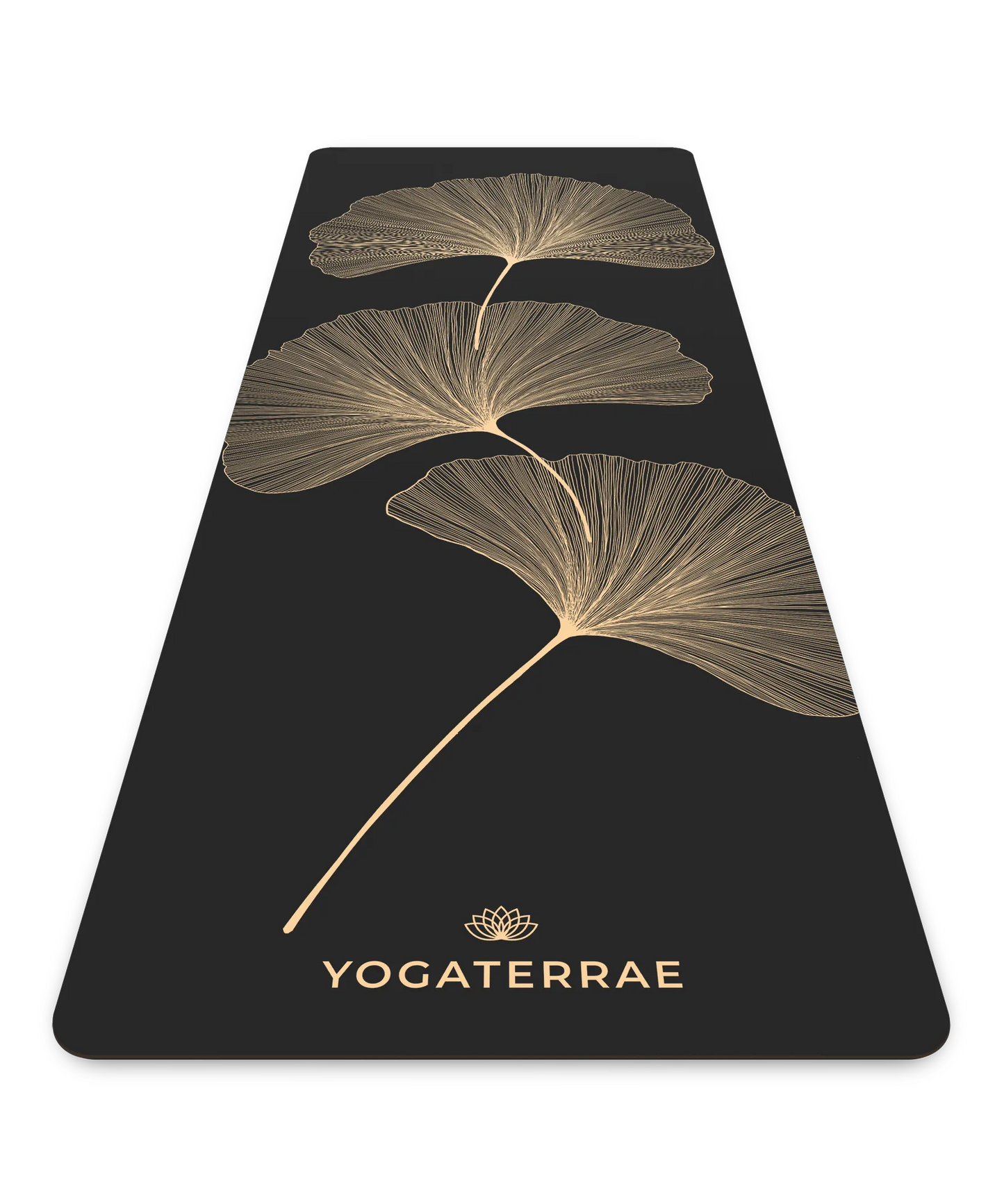 Tapis de yoga de luxe Yogaterrae en PU et caoutchouc naturel, coloris Black Gold avec motifs Ginkgo Biloba en impression dorée