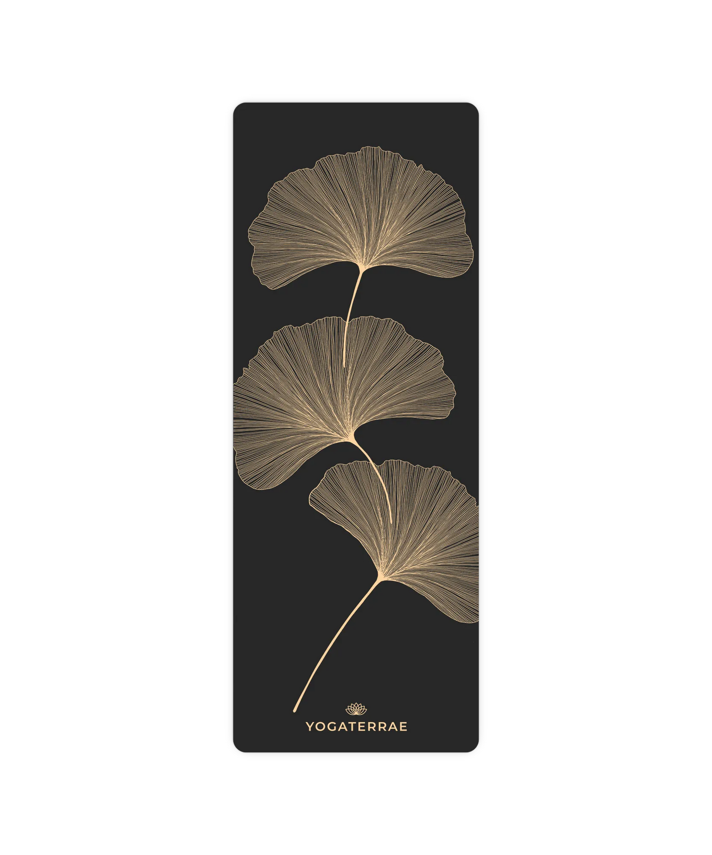 Design YinYang et feuilles de Ginkgo Biloba dorées sur tapis de yoga noir antidérapant Yogaterrae, surface technique en polyuréthane