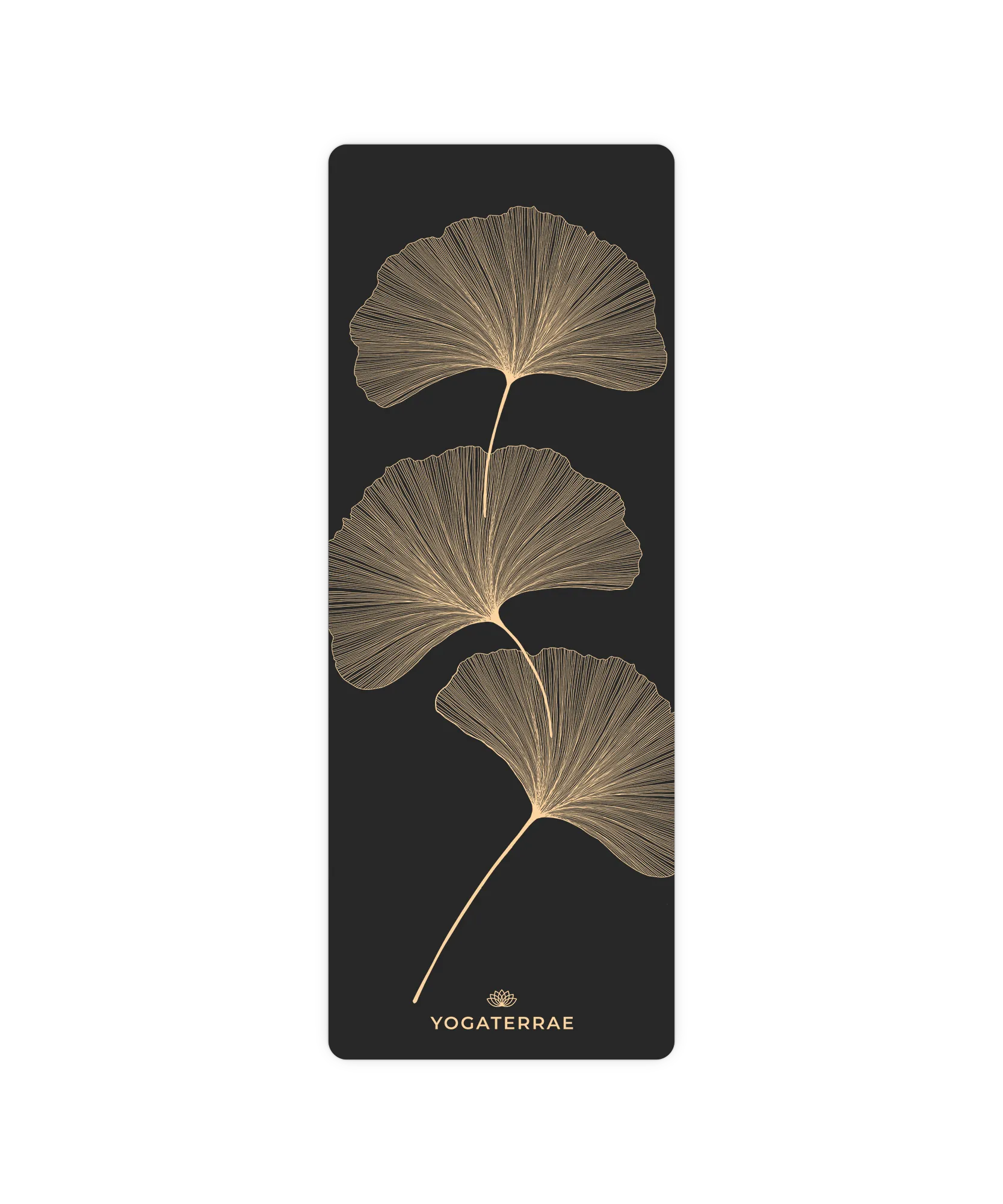 Design YinYang et feuilles de Ginkgo Biloba dorées sur tapis de yoga noir antidérapant Yogaterrae, surface technique en polyuréthane