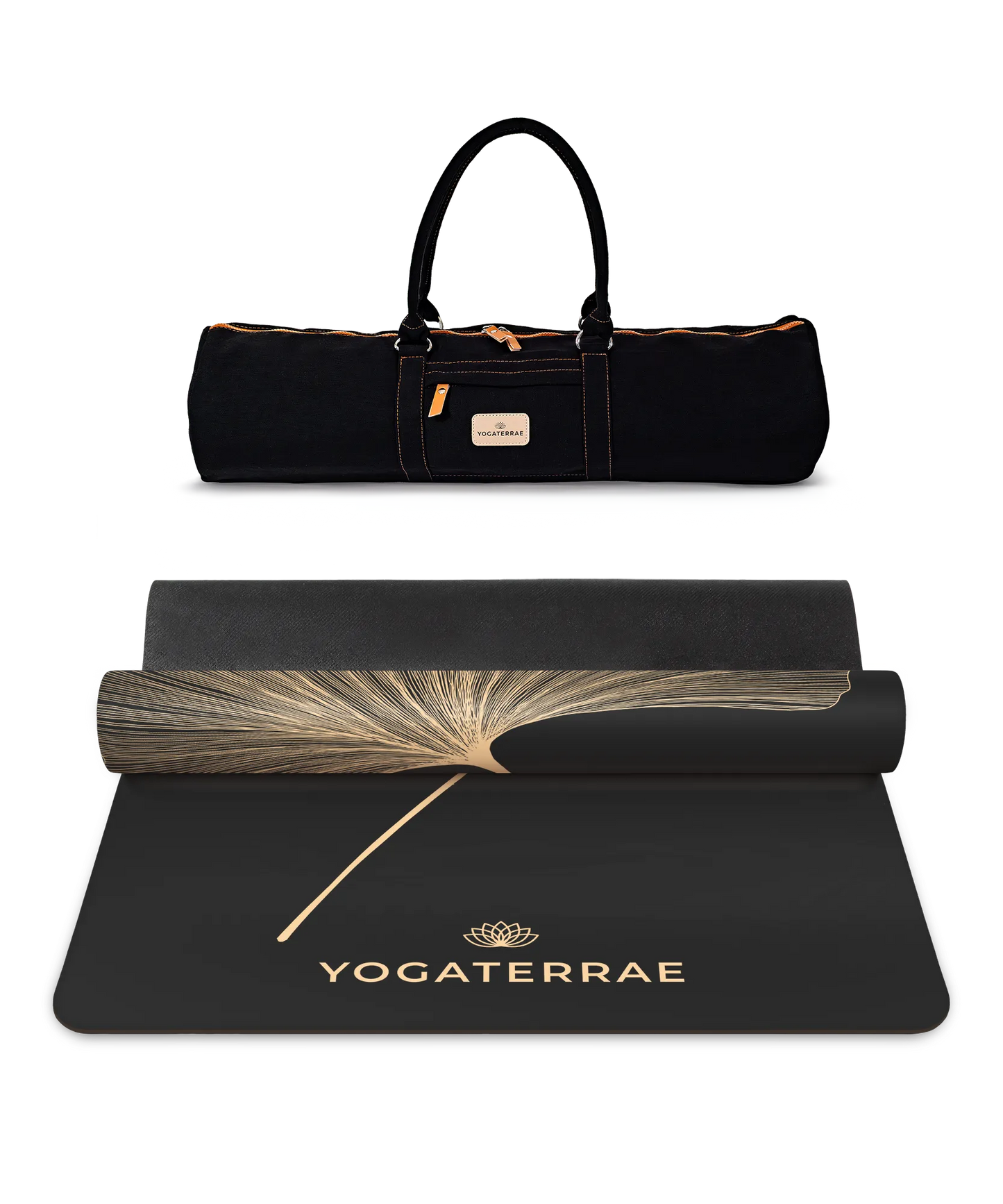 Pack yoga premium incluant le tapis PU Black Gold et son sac de transport noir Yogaterrae avec finitions soignées