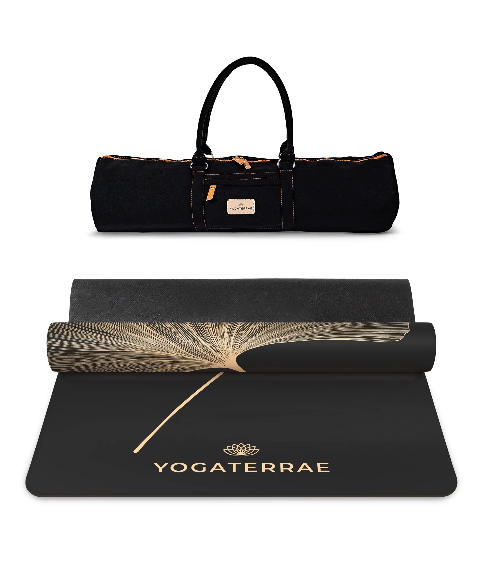 Pack yoga premium incluant le tapis PU Black Gold et son sac de transport noir Yogaterrae avec finitions soignées