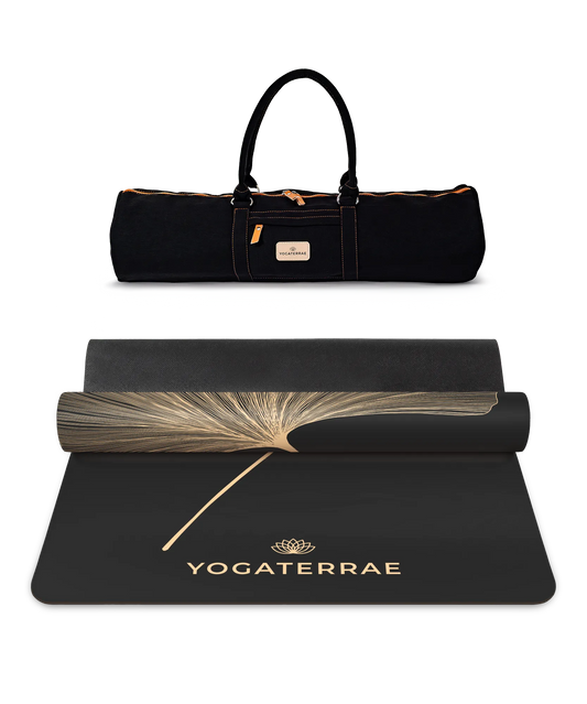 Pack yoga premium incluant le tapis PU Black Gold et son sac de transport noir Yogaterrae avec finitions soignées