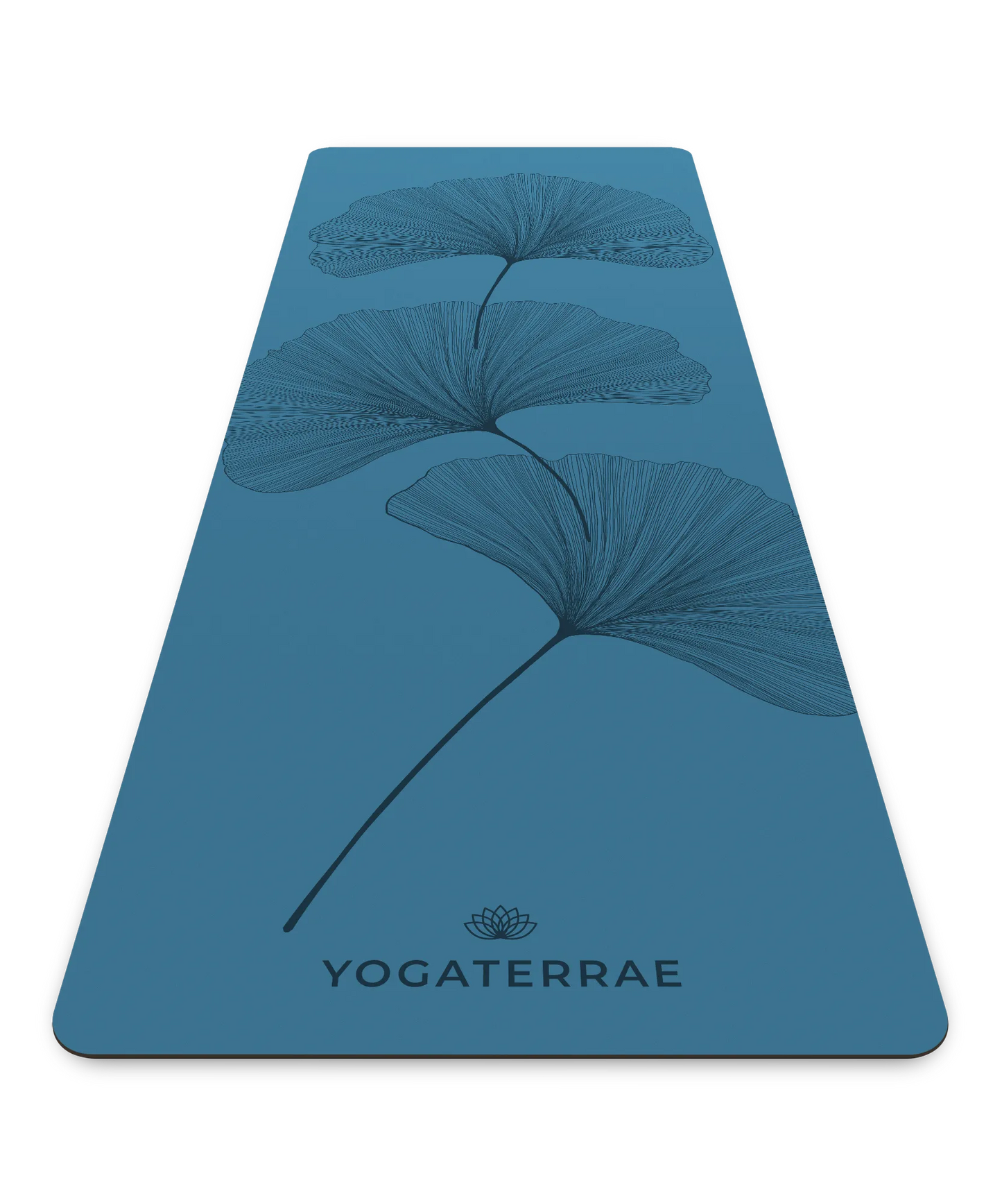 Tapis de yoga premium Yogaterrae en PU et caoutchouc naturel Bleu polaire, orné de motifs artistiques Ginkgo Biloba en perspective