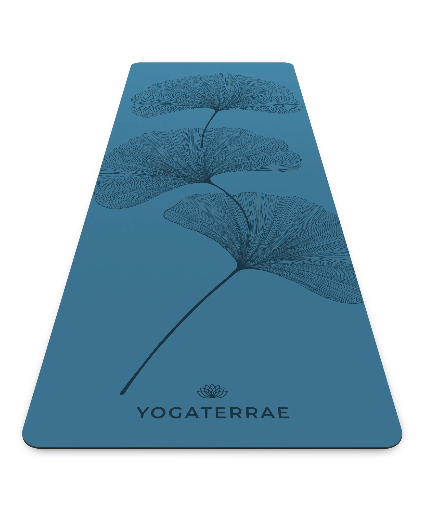 Tapis de yoga premium Yogaterrae en PU et caoutchouc naturel Bleu polaire, orné de motifs artistiques Ginkgo Biloba en perspective