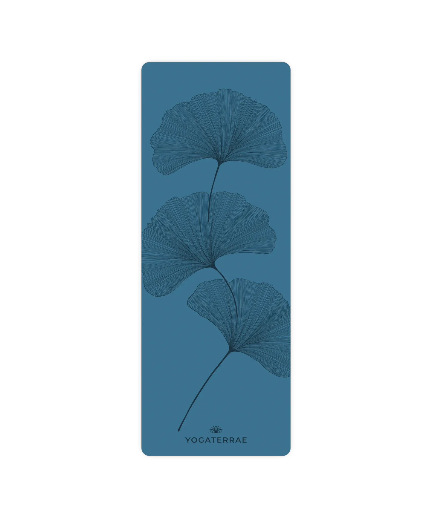 Vue de dessus du tapis de yoga antidérapant Yogaterrae, coloris Bleu polaire, avec design complet YinYang de feuilles de Ginkgo Biloba