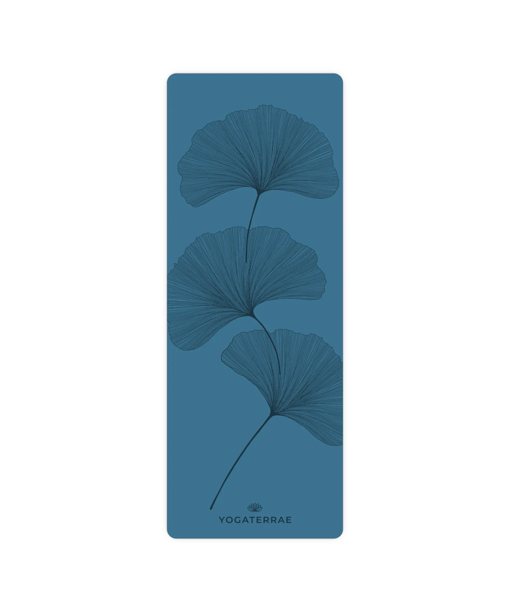 Vue de dessus du tapis de yoga antidérapant Yogaterrae, coloris Bleu polaire, avec design complet YinYang de feuilles de Ginkgo Biloba