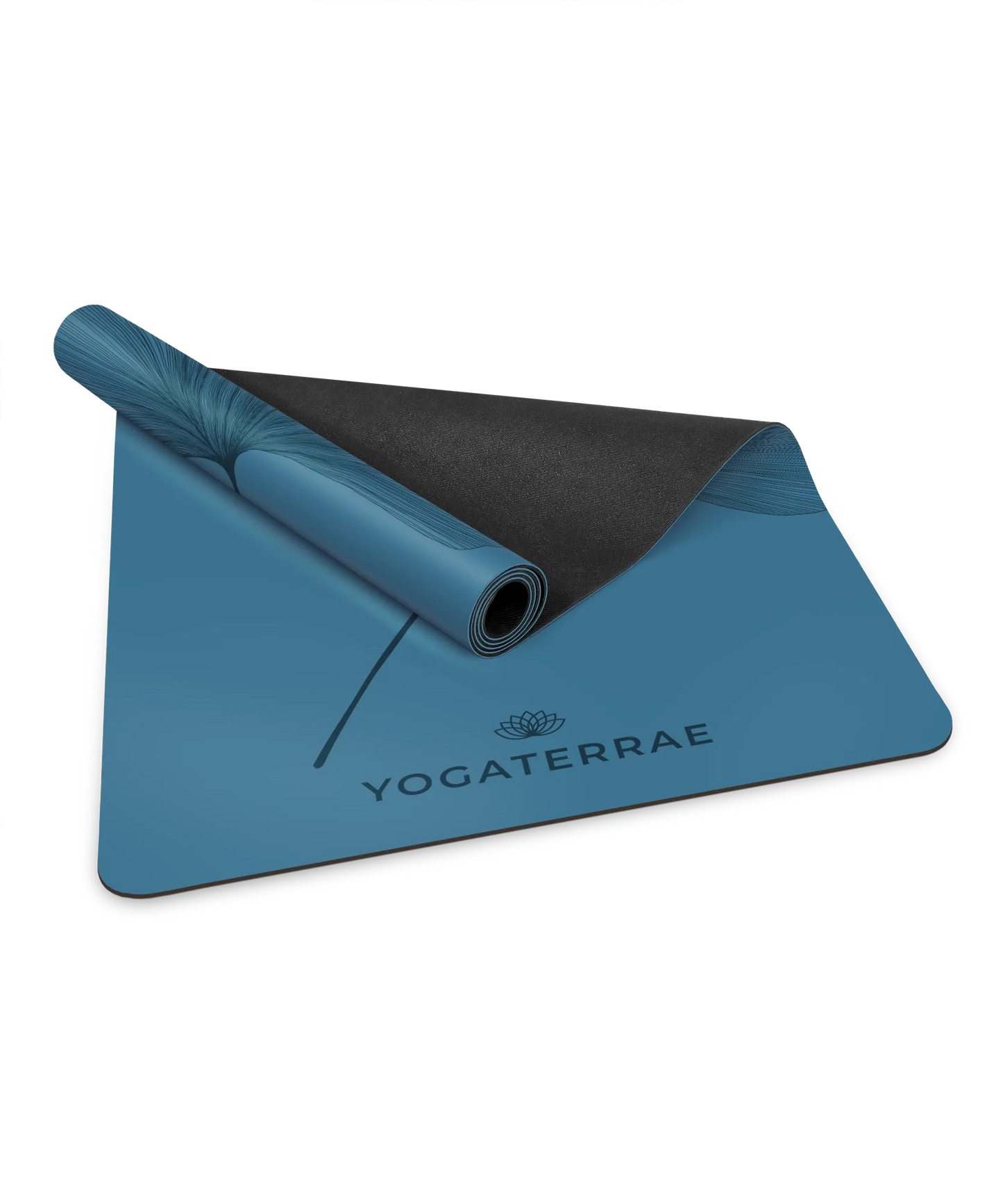 Tapis de yoga en PU Bleu polaire Yogaterrae enroulé, mettant en avant le logo de la marque et la texture de la surface de pratique