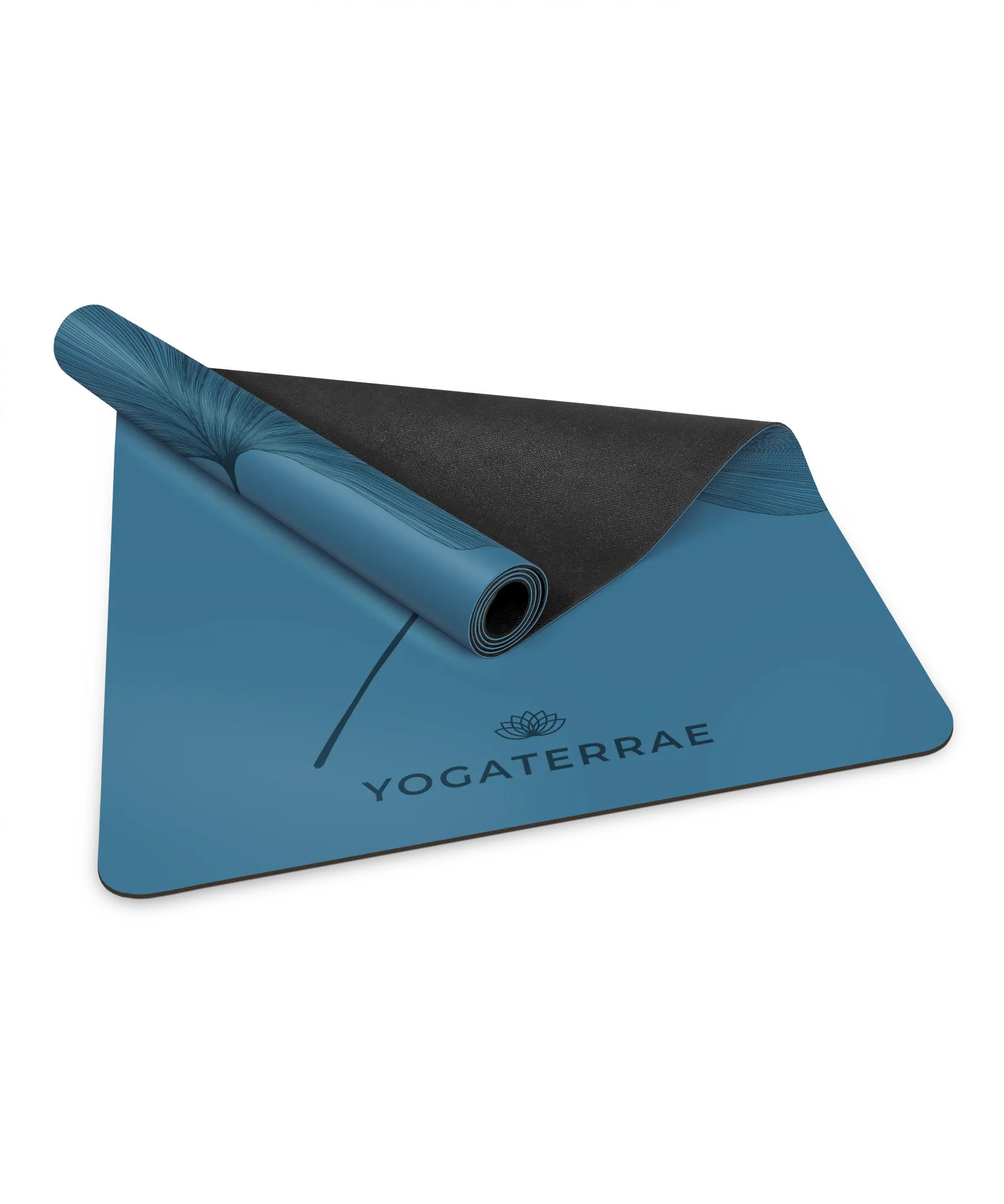 Tapis de yoga en PU Bleu polaire Yogaterrae enroulé, mettant en avant le logo de la marque et la texture de la surface de pratique