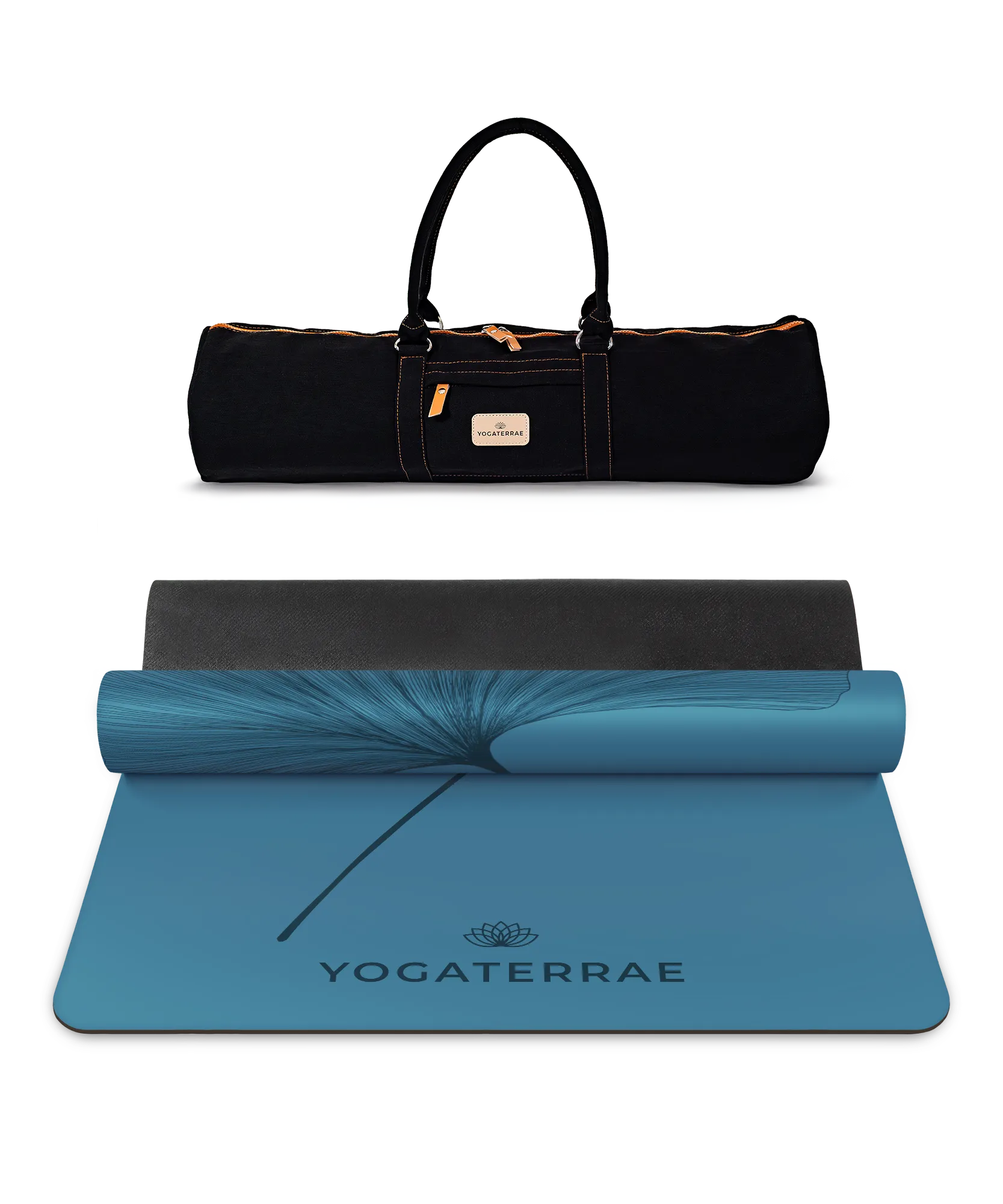 Set d'excellence Yogaterrae comprenant le tapis de yoga PU Bleu polaire Ginkgo et son sac de transport assorti