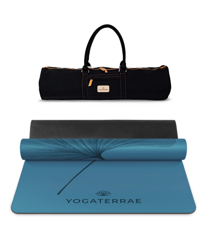 Set d'excellence Yogaterrae comprenant le tapis de yoga PU Bleu polaire Ginkgo et son sac de transport assorti