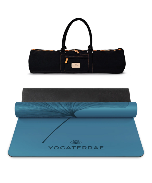 Set d'excellence Yogaterrae comprenant le tapis de yoga PU Bleu polaire Ginkgo et son sac de transport assorti