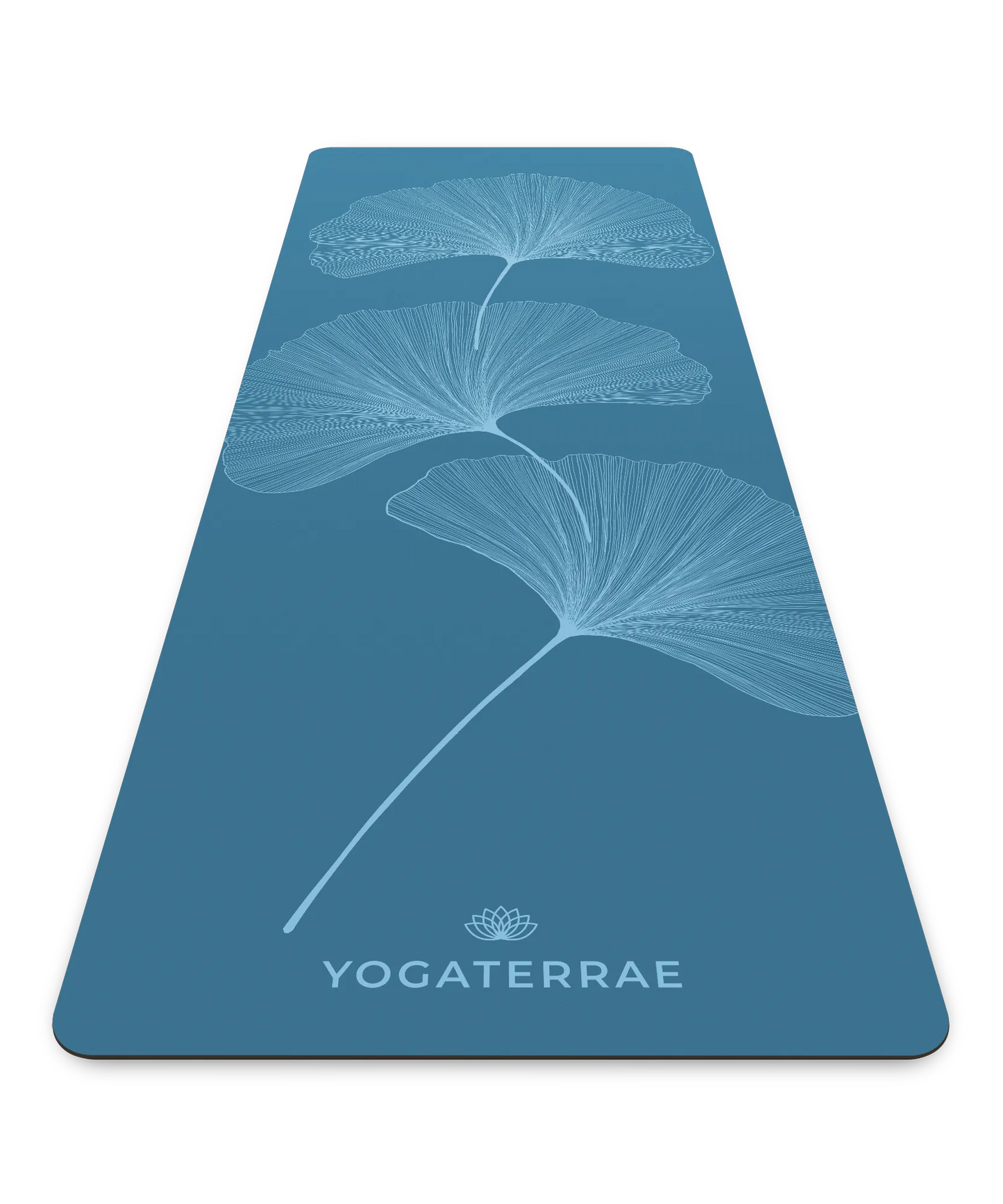 Tapis de yoga technique Yogaterrae en PU et caoutchouc naturel, coloris Bleu Polaire avec impression "Light" des feuilles de Ginkgo Biloba en perspective