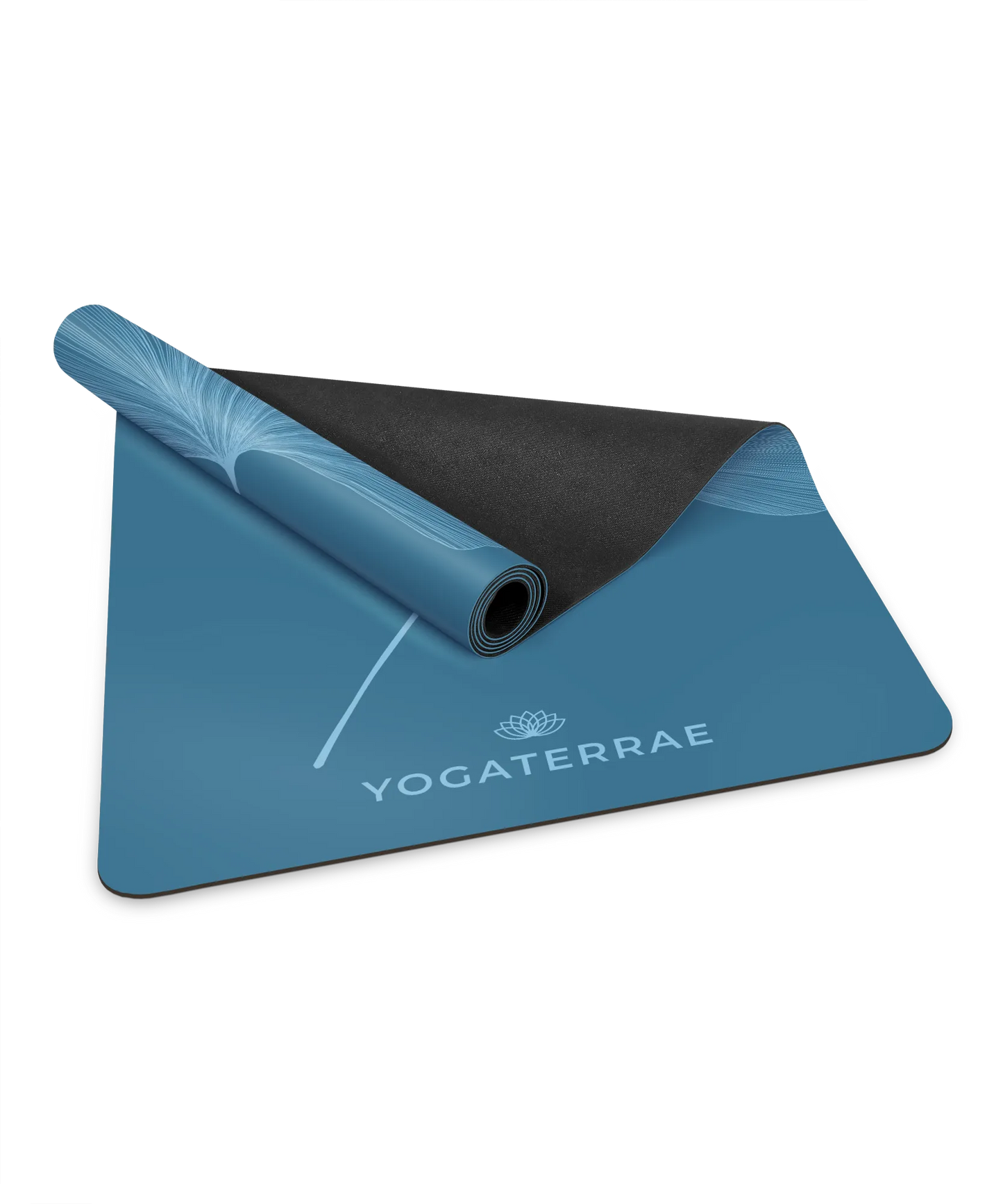 Détail de la surface antidérapante Bleu Polaire et de la base en caoutchouc naturel noir d'un tapis de yoga Yogaterrae