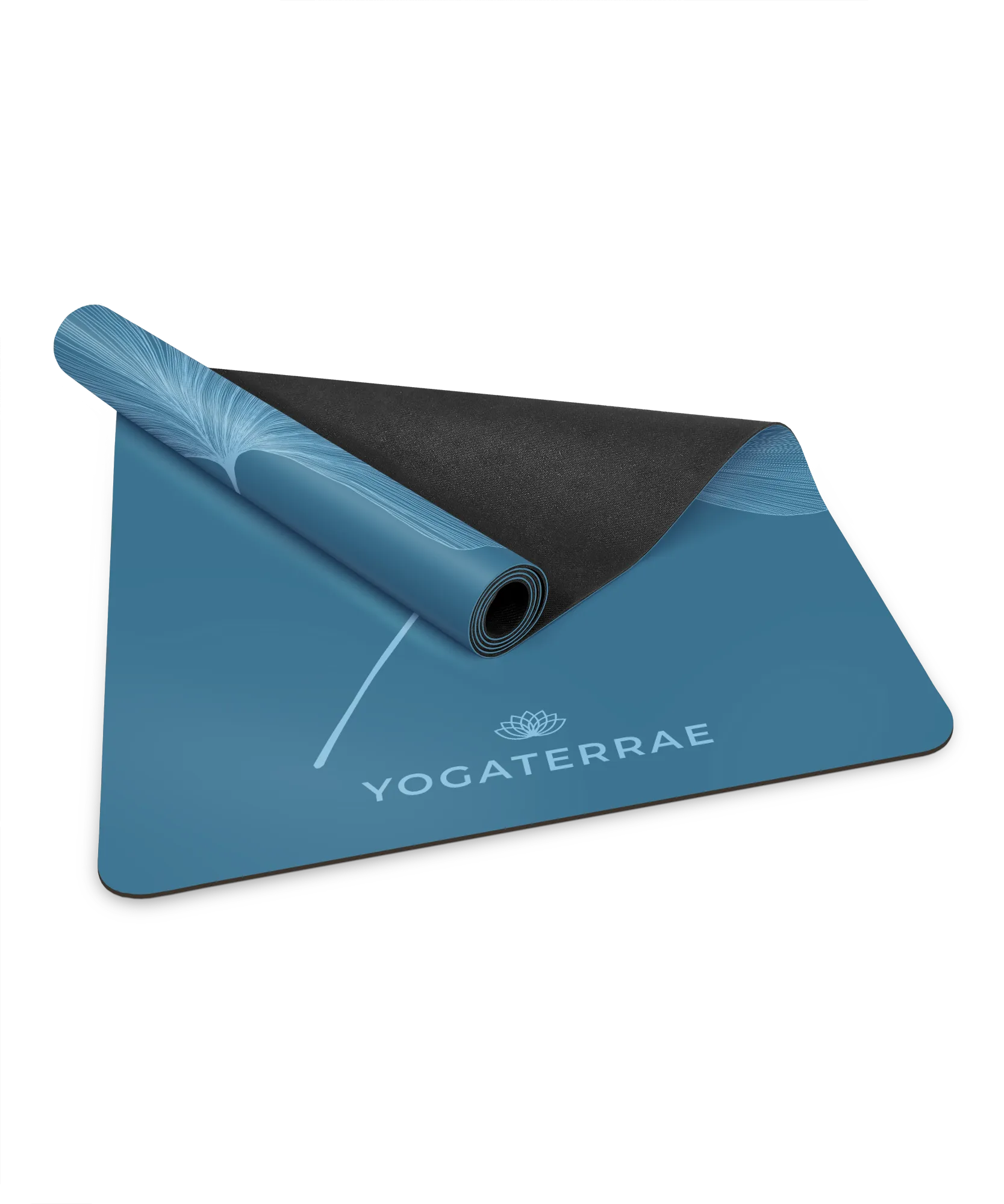 Détail de la surface antidérapante Bleu Polaire et de la base en caoutchouc naturel noir d'un tapis de yoga  Yogaterrae