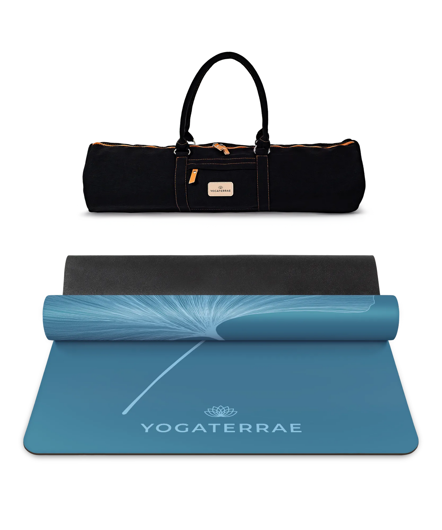 Ensemble de yoga premium comprenant le tapis PU Bleu Polaire (impression Light) et son sac de transport en toile noir Yogaterrae
