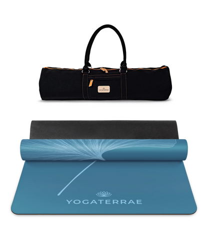 Ensemble de yoga premium comprenant le tapis PU Bleu Polaire (impression Light) et son sac de transport en toile noir Yogaterrae