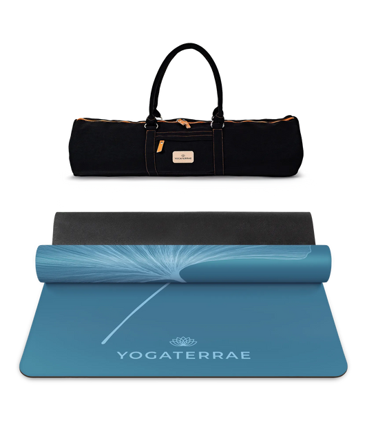 Ensemble de yoga premium comprenant le tapis PU Bleu Polaire (impression Light) et son sac de transport en toile noir Yogaterrae